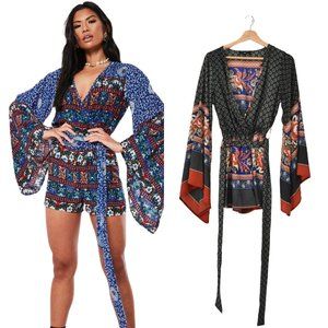 Missguided Mixed Print Bell Sleeve Wrap Romper - image 1